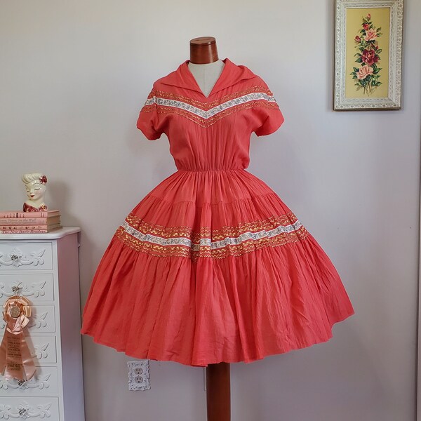 Howdy Partner | Vintage 1950's Coral Patio Square Dance Dress With Gold and Turquoise Trim | Small to Medium