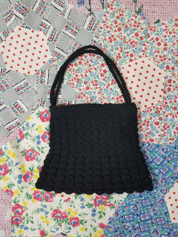Vintage 1930's / 40's Black Corde Crochet Handbag… - image 4