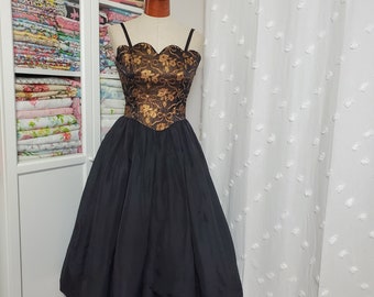 Vintage 1980's Black Acetate Taffeta Party Dress With Brocade Bow And Rose Gold Bodice / At The Ballet / XXS to XS