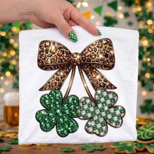 St Patricks Day Rhinestone Shamrock PNG, Leopard Couqette Lucky Charm Sublimation Design