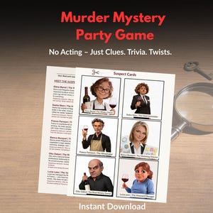 May include: A murder mystery party game with suspect cards and the text "Murder Mystery Party Game." The game includes clues, trivia, and twists. The suspect cards feature illustrations of potential characters. A magnifying glass and key are also visible.