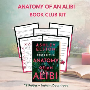 May include: A book club kit titled "Anatomy of an Alibi" with a book cover and discussion prompts. The book cover is green and red with the title "Anatomy of an Alibi". The kit includes trivia questions, conversation starters, and character analysis. A lit candle and open book are also present.