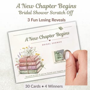 May include: A rectangular bridal shower scratch-off card featuring the text A New Chapter Begins and a stack of four pastel-colored books tied with twine, decorated with wildflowers. A silver coin is scratching off a square to reveal Happily Ever After.