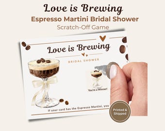 May include: A rectangular white scratch-off game card for a bridal shower featuring the text Love is Brewing and Espresso Martini. The card displays an illustration of an espresso martini in a glass with a cream-colored ribbon and coffee beans.