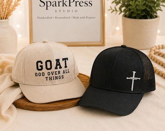 Chrześcijańska czapka typu trucker | Czapka GOAT God Over All Things | Czapka z siateczki z krzyżem | Czapka bejsbolowa z motywem wiary | Chrześcijański prezent dla mężczyzn i kobiet