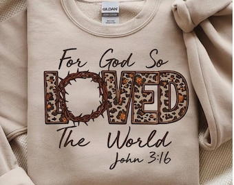Bluza z nadrukiem w panterkę | Bluza z okrągłym dekoltem z motywem wersetu z Ewangelii Jana 3:16 | Odzież religijna