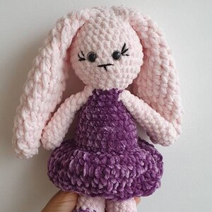 Pink Velvet Bunny Plush Toy: Amigurumi Rabbit with Purple Dress