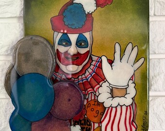 Pogo the Clown. John Wayne Gacy - Wood Cutout Painting, Resin Coated Horror Fan Art