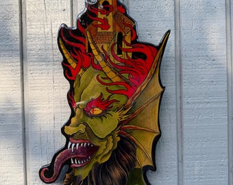 Devil and Burning Church. Wood Cutout Painting, Resin Coated Art