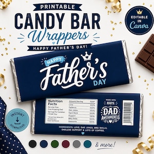 May include: Two dark blue printable candy bar wrappers for Father's Day. The front features the text Happy Father's Day with a crown icon. The back displays a humorous nutrition facts label listing ingredients like love, dad jokes, and BBQ skills.