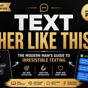 May include: A digital product advertisement with the title "TEXT HER LIKE THIS" in gold lettering on a black background. The image includes smartphone mockups with text message examples, and icons for key features like "Get Her Attention" and "Boost Your Confidence."