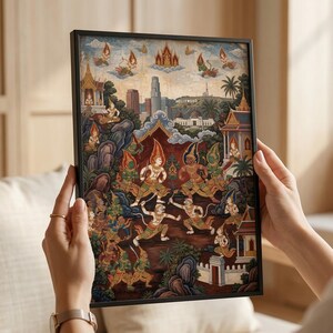 Los Angeles Thai Mural Art Printable V2 | Ramakien Style Wall Art | LA Hollywood Wallpaper | Vintage Temple Style Artwork | Digital Download