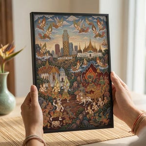 Los Angeles Thai Mural Art Printable V3 | Ramakien Style Wall Art | LA Hollywood Wallpaper | Vintage Temple Style Artwork | Digital Download