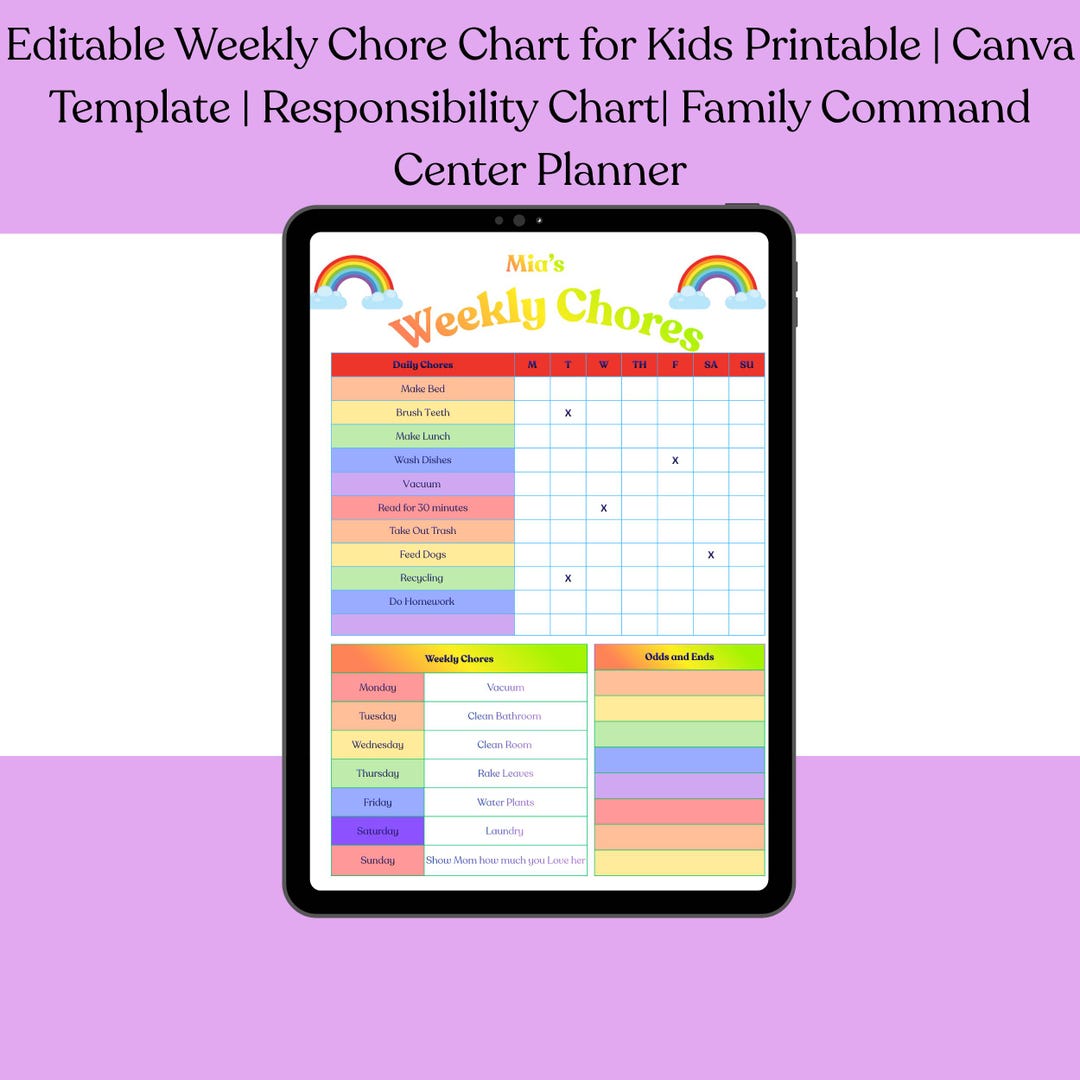 Editable Weekly Chore Chart for Kids Printable | Canva Template - Etsy ...