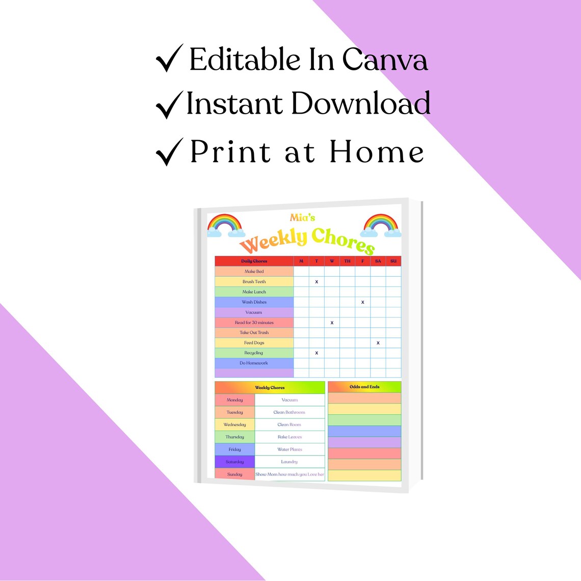 Editable Weekly Chore Chart for Kids Printable | Canva Template - Etsy ...