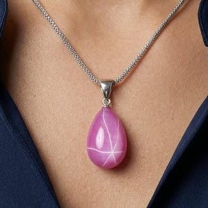 Lab-Created Pink Star Ruby Teardrop Pendant, 6-Ray Gemstone, Sterling Silver