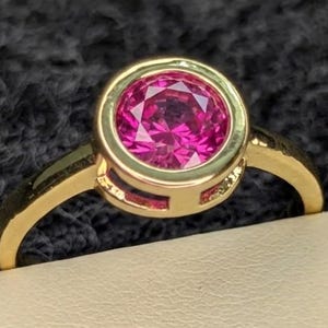 Lab-Grown Ruby Ring | Yellow Gold Tone Brass, Round Cut Corundum, Adjustable Band
