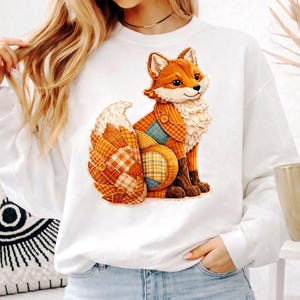 Sublimacja lisa w patchworku w formacie PNG, grafika klipartów ze zwierzętami leśnymi, projekt Cottagecore (natychmiastowe pobranie)