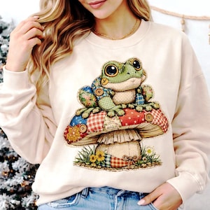 Patchwork Frog Mushroom PNG, Cottagecore Woodland Design, Sublimation Shirt Art (Instant Download)