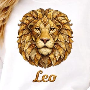 Leo Patchwork Lion Sublimation PNG, Faux Embroidery Zodiac Shirt Graphic, Fabric Style (Digital Download)
