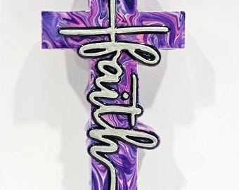 Purple "Faith" Wall Cross,  hand painted Purple cross with raised Gold 'Faith' Accent, Purple and Lavender Acrylic Paint, Resin finished