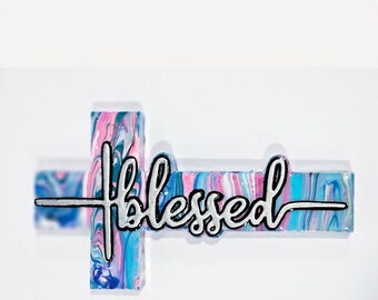 Handmade 'Blessed' Wall Cross, Blue & Pink Acrylic Pour, Blessed in raised Silver Lettering, Blessed Cross