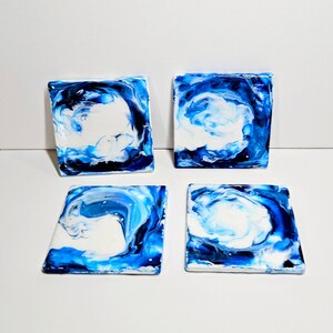Ocean Wave Ceramic Coasters Set of Four, Abstract Acrylic Fluid Art Drink Coasters, Blue and White, Resin Finished, Coastal Home Decor
