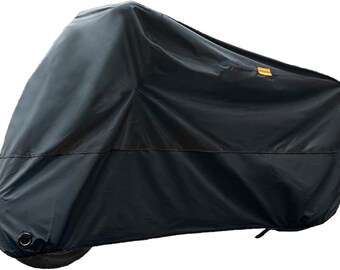 Funda impermeable premium para motocicleta con tira reflectante - Ajuste universal con orificios para candado y correa cortavientos - Negro, XL (Para motocicletas 2