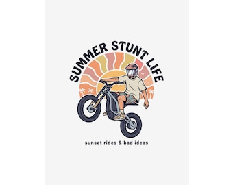 Sommer Stunt Life Rolled Poster | Motorrad Sonnenuntergang Reiter Illustration