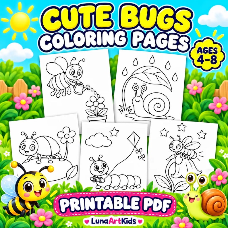 Cute Bugs Coloring Pages for Kids Ages 4–8, Insect and Garden Creatures ...