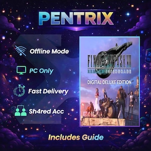 Puede incluir: Imagen promocional de un juego digital, con el título "FINAL FANTASY VII REMAKE INTERGRADE DIGITAL DELUXE EDITION." La imagen incluye la carátula del juego, iconos para el modo sin conexión, solo PC, entrega rápida y acceso compartido. El texto "PENTRIX" está en la parte superior.