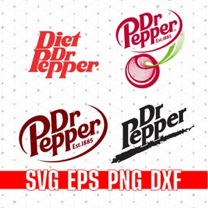 May include: A collection of four Dr Pepper logos in red and black, including "Diet Dr Pepper" and the classic logo with the year "Est. 1885." The bottom features the text "SVG EPS PNG DXF" in white on a red background.