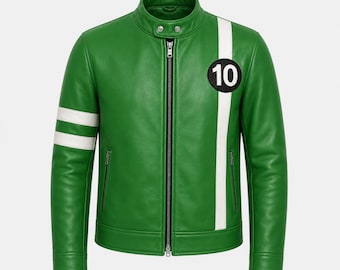 Men's Ben Green 10 Real Leather Jacket - Tennyson Anime Outfit - Cafe Racer Motorcycle Biker Wear - Halloween Cosplay Costume - Gift For Him