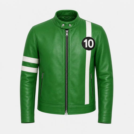Men's Ben Green 10 Real Leather Jacket - Tennyson Anime Outfit - Cafe Racer Motorcycle Biker Wear - Halloween Cosplay Costume - Gift For Him