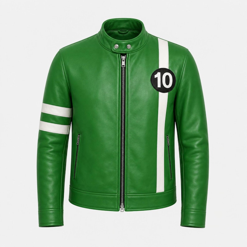 May include: Green leather jacket with a white stripe down the front and white stripes on the left sleeve. A black and white patch with the number 10 is on the chest. The jacket has a stand-up collar and a zip closure.