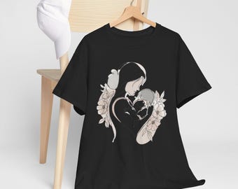 Shirt moeder kind lijntekeningen, bloemen hart moeder graphic T-shirt