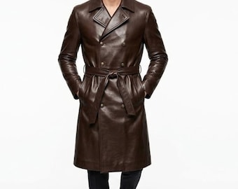 Men’s Brown Leather Trench Coat - Double Breasted Long Coat - Belted Genuine Leather Overcoat - Luxury Winter Outerwear - Gift For Him