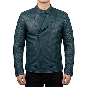 Herrblå läderjacka - quiltad bikerjacka - asymmetrisk dragkedja - modejacka - snygg motorcykelinspirerad jacka - present till honom