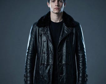 Men's Evil Black Resident Leather Jacket - Double-Breasted Pea Coat - Kennedy Game Leon Outfit - Halloween Cosplay Costume - Gift For Him