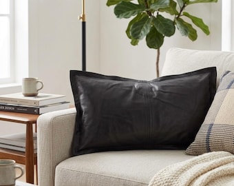 Black Real Leather Lumbar Pillow Cover -  Rectangular Cushion Cover - Modern Minimalist Cushion Luxury 18 x 10 Inches Pack Of 2 Sofa Pillow