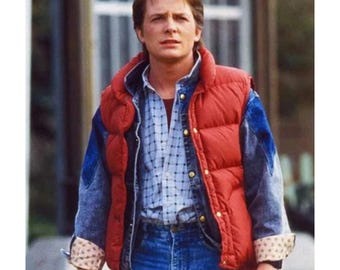 Marty Red McFly Parachute Fabric Puffer Vest - 80s Retro Movie Inspired Gilet - Back to the Real Future -  Halloween Costume - Gift For Him