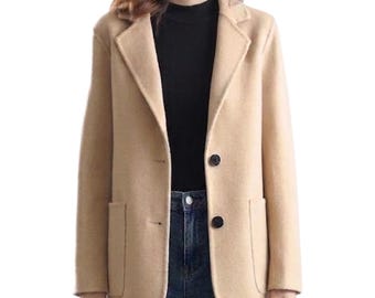 Crème damesblazer van wolmix - wollen jas met enkele rij knopen voor dames - Handgemaakte winter casual bovenkleding jas - cadeau voor haar