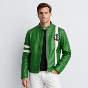 May include: Green leather jacket with white stripes on the sleeves and a vertical stripe down the front. The jacket features a black and white circular patch with the number 10. The jacket has a stand-up collar and a zip closure.