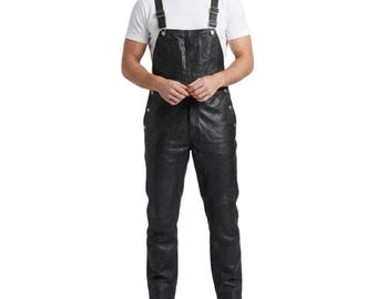 Men's Black Real Leather Overalls - Vintage 2 front Pocket Style - Jumpsuit  Adjustable Buckle Stylish