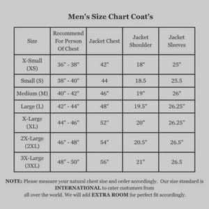 May include: A coat size chart with measurements in inches. Sizes range from X-Small to 3X-Large, detailing chest, shoulder, and sleeve dimensions. Includes a note about international sizing and extra room for fit.