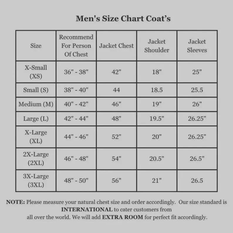 May include: A coat size chart with measurements in inches. Sizes range from X-Small to 3X-Large, detailing chest, shoulder, and sleeve dimensions. Includes a note about international sizing and extra room for fit.
