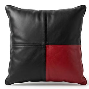 Men's Black & Red Real Leather Throw Pillow Cover - Patchwork Square Cushion Cover - Modern Decorative 18 x 18 Inches Pack Of 2 Sofa Pillow