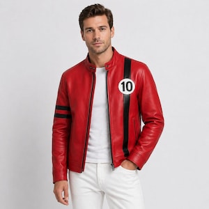 May include: A red leather jacket with a black stripe down the side and black stripes on the left sleeve. The jacket features a white circle with the number 10 on the chest. The jacket has a zip closure and a stand-up collar.