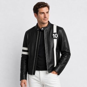May include: Black leather jacket with a white stripe down the side and white stripes on the left sleeve. The jacket has a round patch with the number 10 on the chest. The jacket has a zip closure and a round collar.