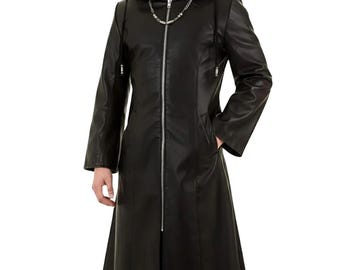 Kingdom Real Hearts Black Organization XIII Leather Trench Coat - Hooded Long Video Game Outfit - Halloween Cosplay Costume - Gift For Him